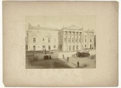 Construction of the Hollandse Schouwburg theater building in Amsterdam between 1879 and 1898, black and white historic photograph