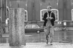 Black and white photograph of the Lieverdje statue on Spui square in Amsterdam, 1966