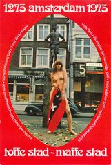 Vintage postcard of Amsterdam celebrating 700 years with Spui Lieverdje statue and city coat of arms