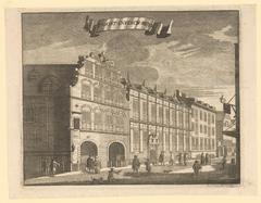 View of Oost-Indisch Huis on Oude Hoogstraat in Amsterdam from Kloveniersburgwal corner with people on street
