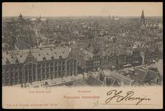 View of Kloveniersburgwal canal from Zuiderkerkstoren tower in Amsterdam with Oude Hoogstraat street and Royal Palace in the distance circa 1900