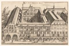 View of the Oost-Indisch Huis on Oude Hoogstraat in Amsterdam with Kloveniersburgwal on the left and many figures on the street