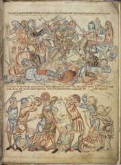 Medieval peers and commoners fighting; armored knights on horseback with axes and swords above, foot soldiers below with bows and swords