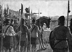 Robert the Bruce reviewing his troops before the Battle of Bannockburn with anachronistic kilts