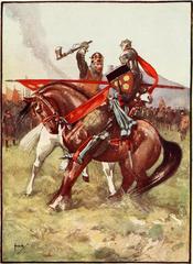 Illustration of a historical battle scene with a warrior striking another with an axe
