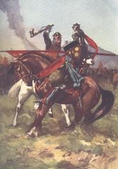 Illustration of Bruce defeating de Bohun at the Battle of Bannockburn, 1314