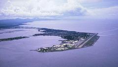 Aerial view of Cavite Peninsula in Manila Bay Philippines with U.S. Naval Station Sangley Point and Cavite City circa 1964