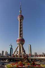 Oriental Pearl Tower in Shanghai at sunset with clear sky