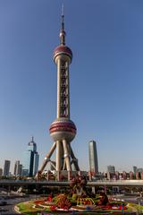 Oriental Pearl Tower in Shanghai at night with illuminated lights