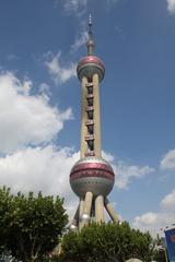 Oriental Pearl Tower in Shanghai at dusk with city skyline