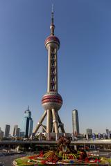 Oriental Pearl Tower in Shanghai at night with illuminated spheres