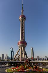 Oriental Pearl Tower in Shanghai at night with illuminated spheres
