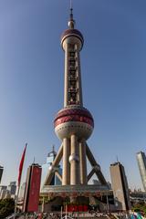 Oriental Pearl Tower in Shanghai at sunset with modern skyline