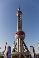 Oriental Pearl Tower in Shanghai at night with illuminated spheres