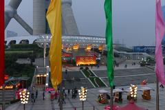 The Oriental Pearl Tower in Shanghai at twilight with city lights