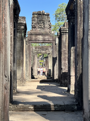 Scenic pathway surrounded by lush green trees in Angkor Thom