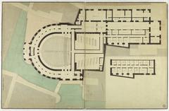 Ground plan of La Fenice theatre in Venice showing horse-shoe shaped auditorium and entry at bottom with exterior canal spaces