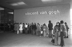 Crowded entrance of the Van Gogh Museum with more than 1 million tourists visiting the Netherlands, April 15, 1974, black and white photo