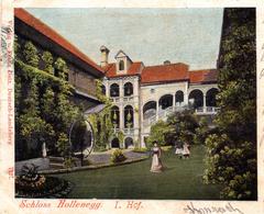 Colorized black and white photograph of Hollenegg Castle courtyard in 1902 showing children in the background appearing digitally added