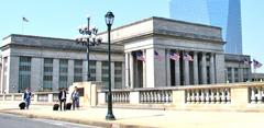 30th Street Station exterior in Philadelphia with tracks and platforms