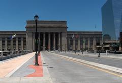 John F. Kennedy Boulevard Bridge in Philadelphia spanning Schuylkill River with 30th Street AMTRAK station in background