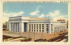 Historic Pennsylvania Railroad's new passenger terminal at 30th Street in Philadelphia, Pennsylvania, featuring classic early 20th century architecture.