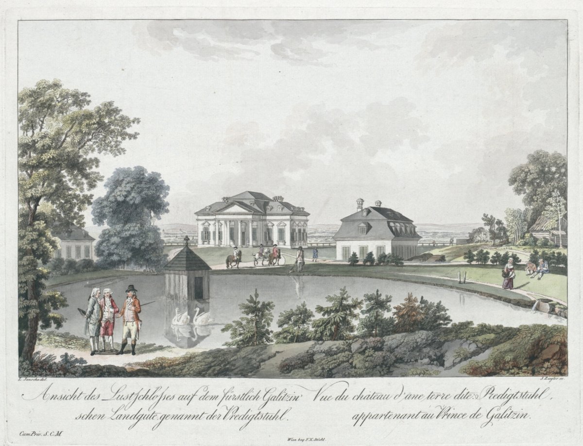 Colored etching of the Maison de Plaisance of Prince Dmitry Mikhailovich Golitsyn on Gallitzinberg near Vienna around 1810