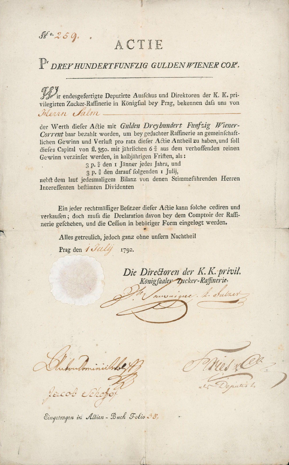 Stock certificate of the sugar refinery in Königsaal near Prague from 1792 signed by Josef Edler von Sauvaigne