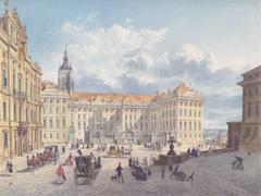 View of Hradschin Castle in Prague with detailed architectural elements and surrounding landscape in 1838