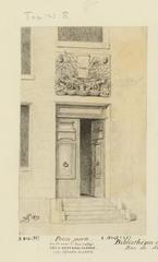 Open small door of the Bibliothèque de l'Arsenal with a bas-relief trophy and inscription in Paris, 1877 drawing