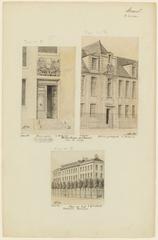 1877 drawing of the small door of Bibliothèque de l'Arsenal on Rue de Sully in Paris showing a bas-relief with a trophy of cannons and inscription by Léon Leymonnerye