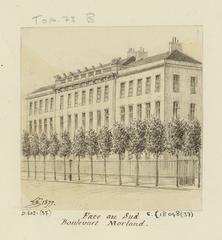 Urban landscape drawing of the Arsenal Library seen from Boulevard Morland in Paris with a row of trees