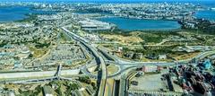 View of Mombasa Island from Mariakani interchange showing urban landscape and coastline
