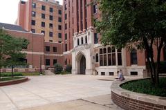 Historic arch of Moody Bible Institute viewed from central plaza in Chicago