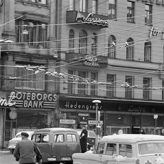 Stockholm inner city street with Hedengrens bookstore and Gothenburg bank buildings