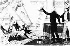 Lithograph showing Andrew Jackson destroying the Second Bank of the United States with removal notice, Nicolas Biddle depicted as the Devil fleeing with speculators as supporters cheer