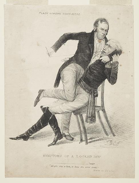 1834 caricature depicting Henry Clay restraining Andrew Jackson with 'corrupt bargain' satire