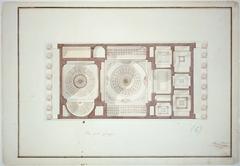 Reflected ceiling plan of the 2nd Bank of the United States building in Philadelphia with watercolor and ink details