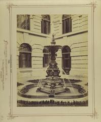 Historic courtyard of Andrássy út 69 with majolica decorative fountain at the Hungarian University of Fine Arts in Budapest, circa 1880-1890