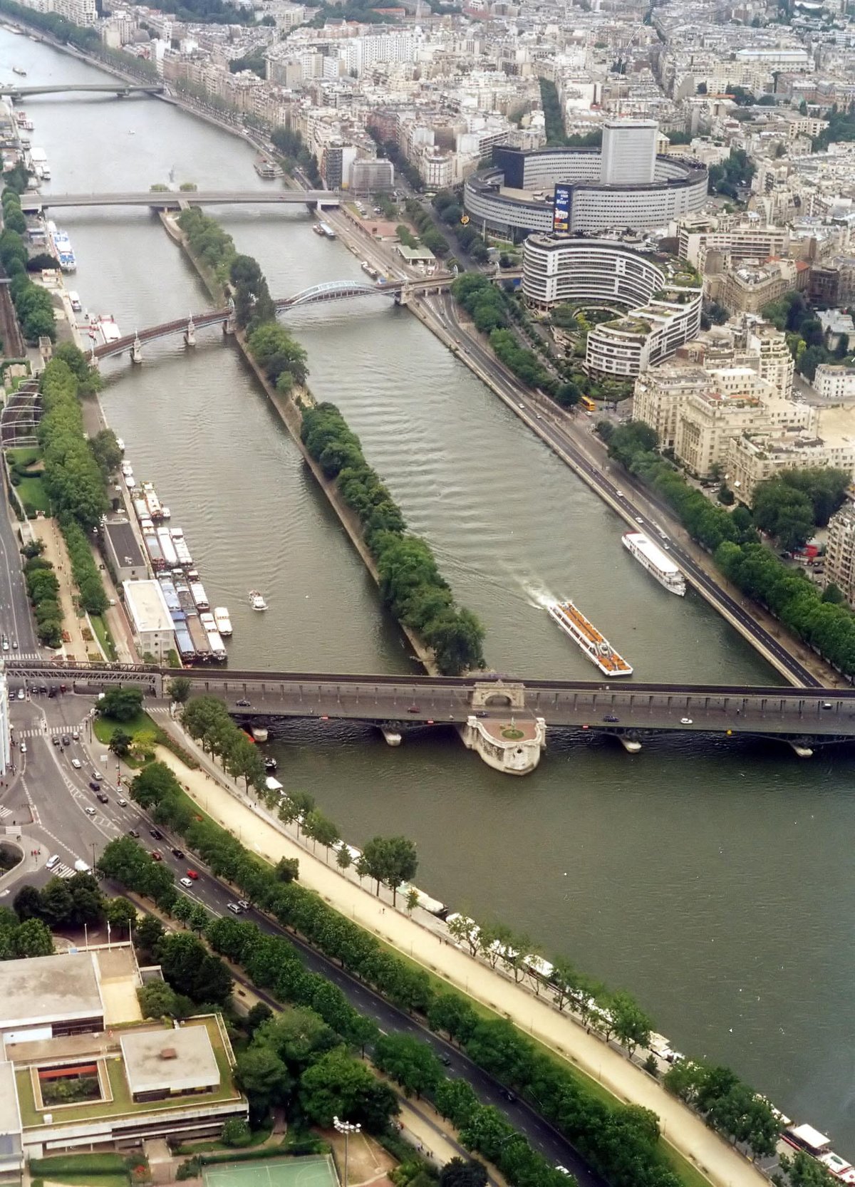 View of the Île aux Cygnes from the top level of the Eiffel Tower in Paris