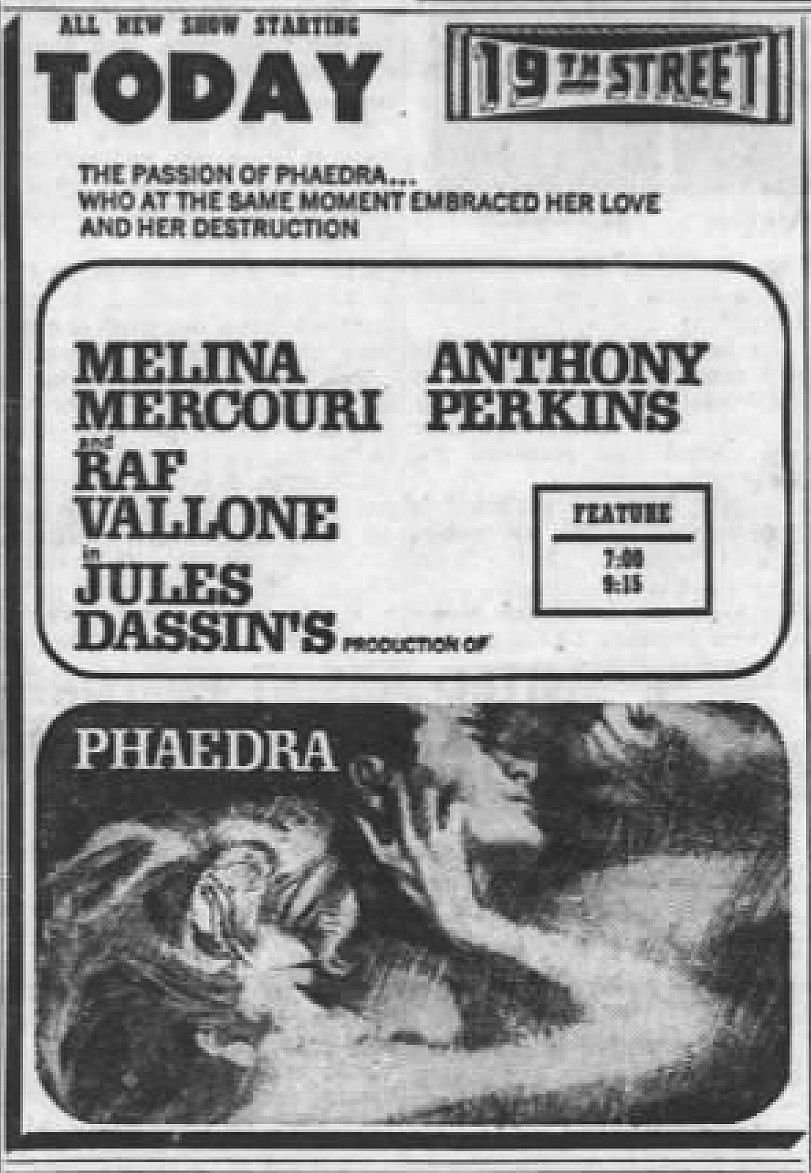 Nineteenth Street Theater advertisement for the 1962 American film Phaedra