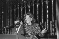 Melina Mercouri delivering a speech during her visit to the Acropolis of Athens exhibition in Amsterdam on December 21, 1985