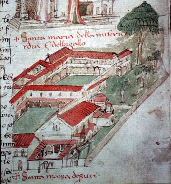 Illuminated manuscript depiction of Santa Maria dei Servi e del Bigallo (Santissima Annunziata) from Codice Rustici