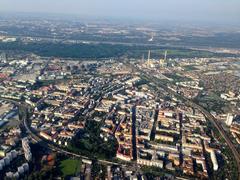 Aerial view of Simmering district in Vienna Austria with urban buildings and greenery