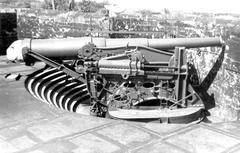 12-inch gun M1895 on disappearing carriage M1896 in loading position with counterweight mechanism visible