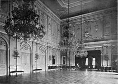 Grand ballroom interior of the Royal Palace in Belgrade with elegant chandeliers and ornate decorations