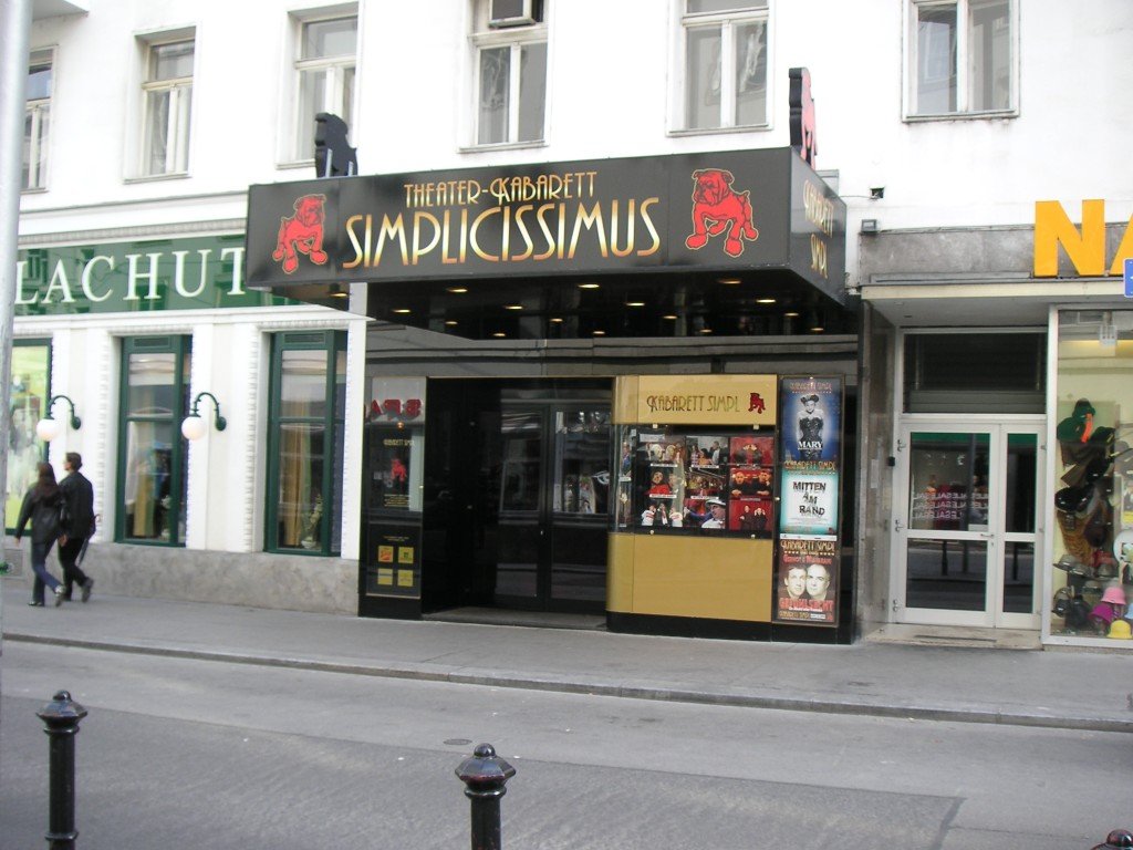 Entrance of the cabaret Simpl in Vienna with a vibrant red door and signage