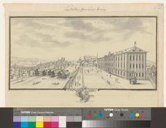 Historic illustration of the Zentralbibliothek Zürich and the New Orphanage pathway in Zurich