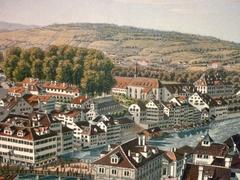 Panorama of Zurich in 1825 featuring Kloster Oetenbach and the Schipfe water pumping station with water wheel on the riverbank