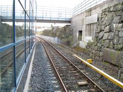 Rastila metro track with rails and overhead electrical lines surrounded by green grass and trees